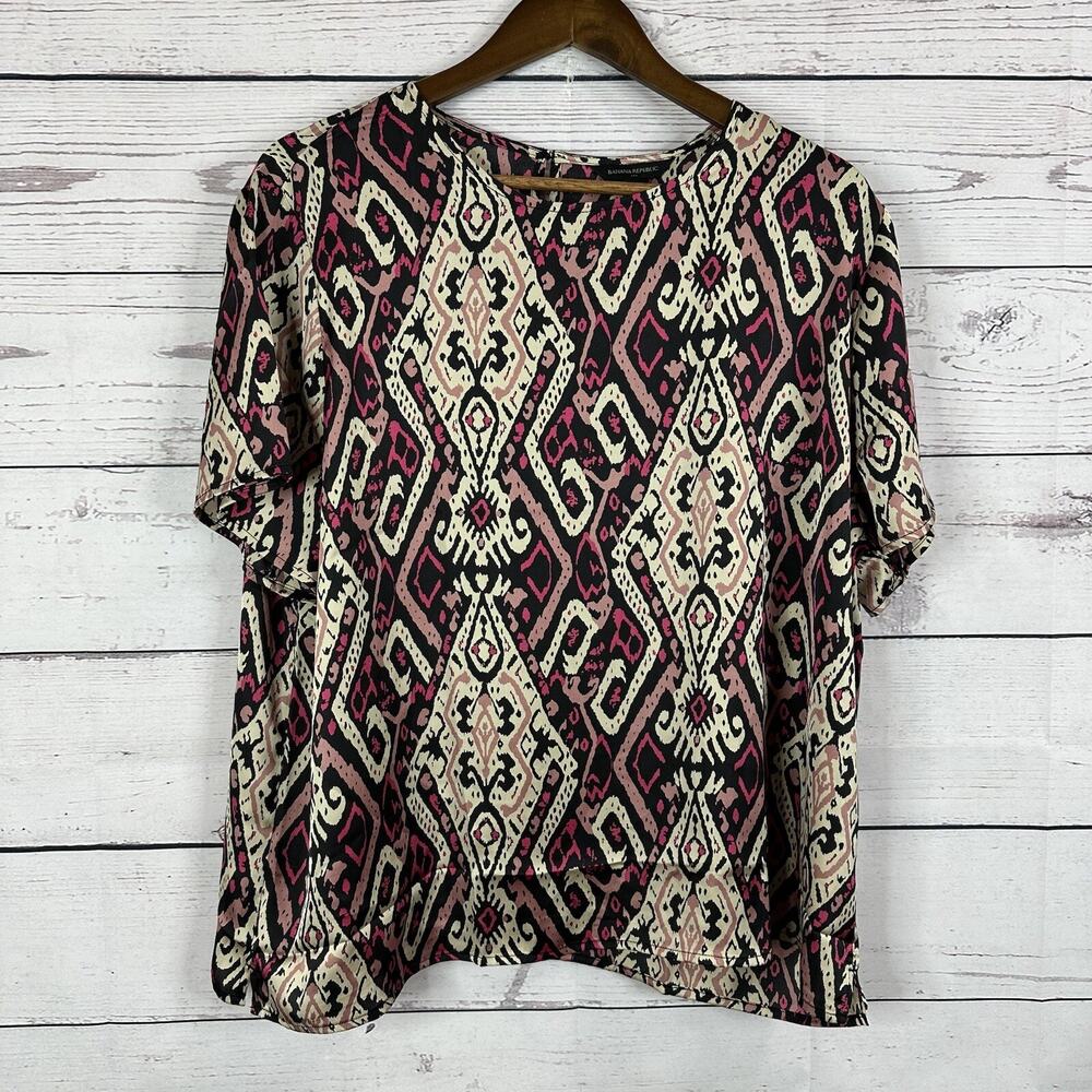 Banana Republic Blouse Top Womens XL Pink Tan Printed Smooth Shirt Boxy Career